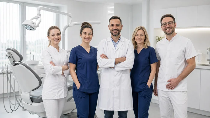 Zespół dentystyczny uśmiecha się w gabinecie.